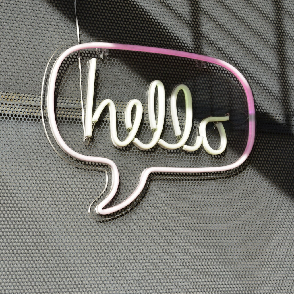The word 'hello' in a speech bubble
