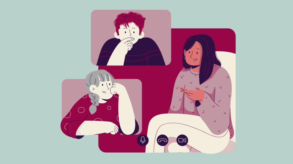 Illustration of three people talking. Each is in a separate frame and icons at the bottom of the image imply that they're talking via video conferencing