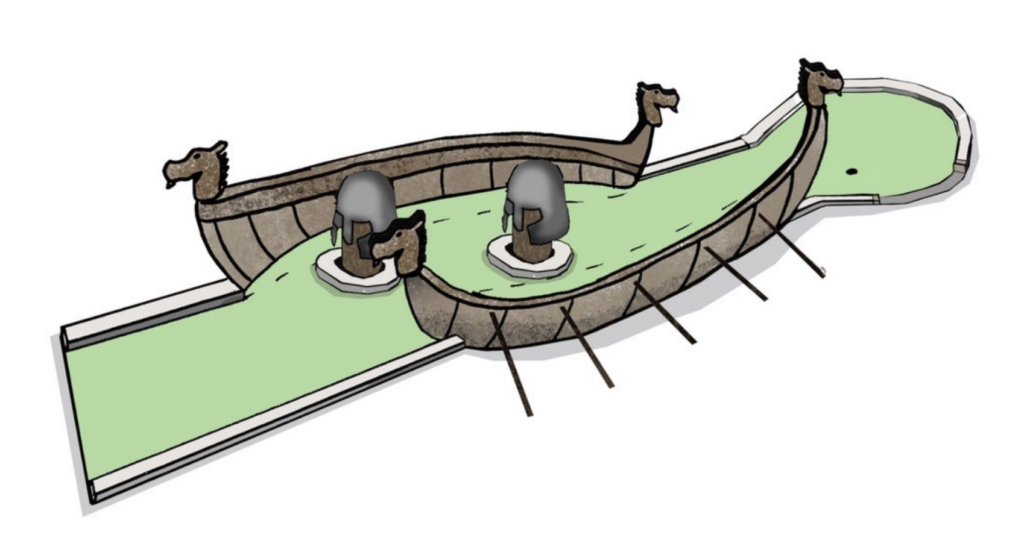 Artist's impression of a Viking-themed mini-golf course hole. Includes the sides of a longboat and two heads wearing Viking helmets.