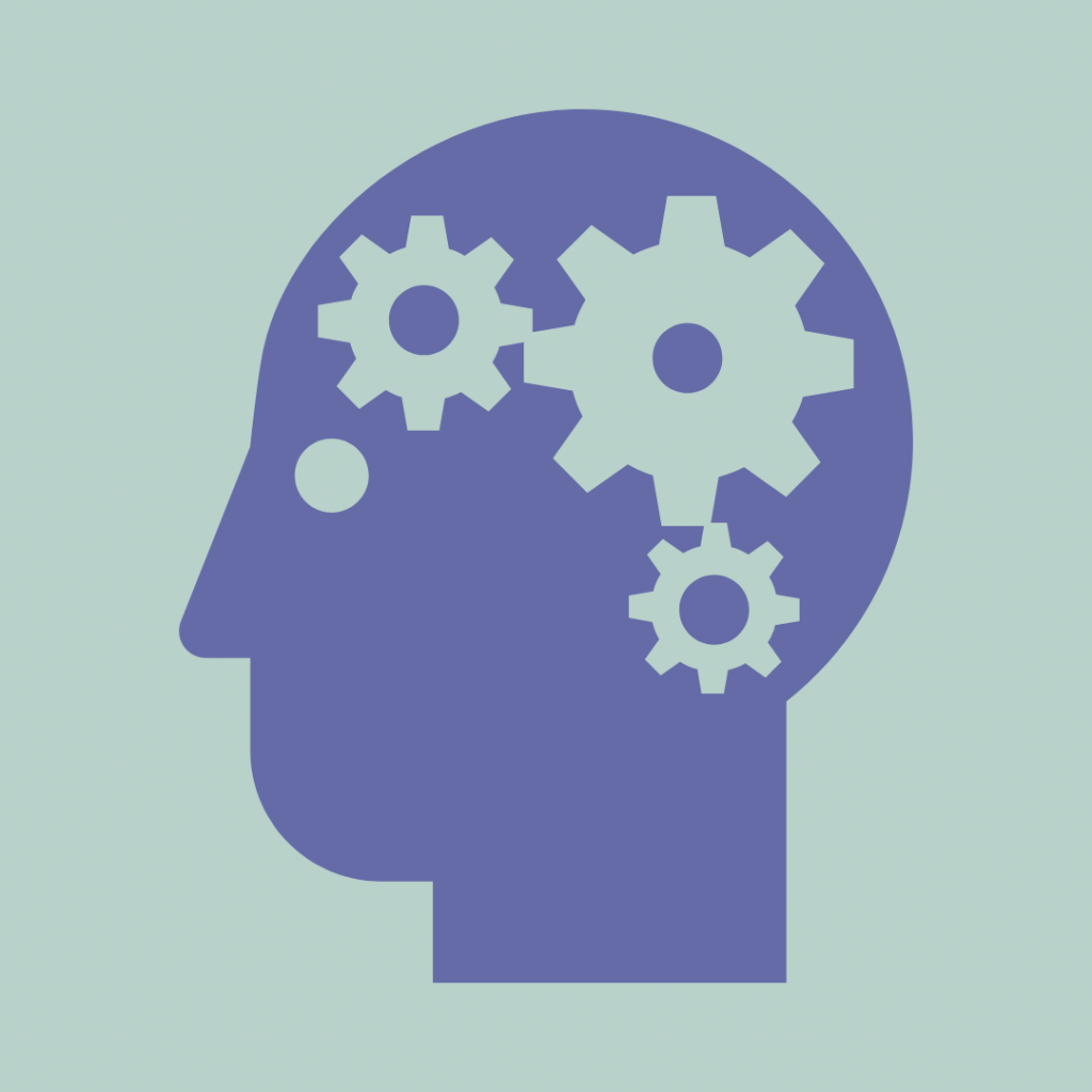 A graphic of a head with cogs where the brain would be