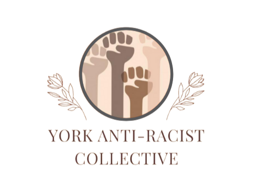 York Anti-racist Collective under a circle of empowered fists of a variety of skin tones
