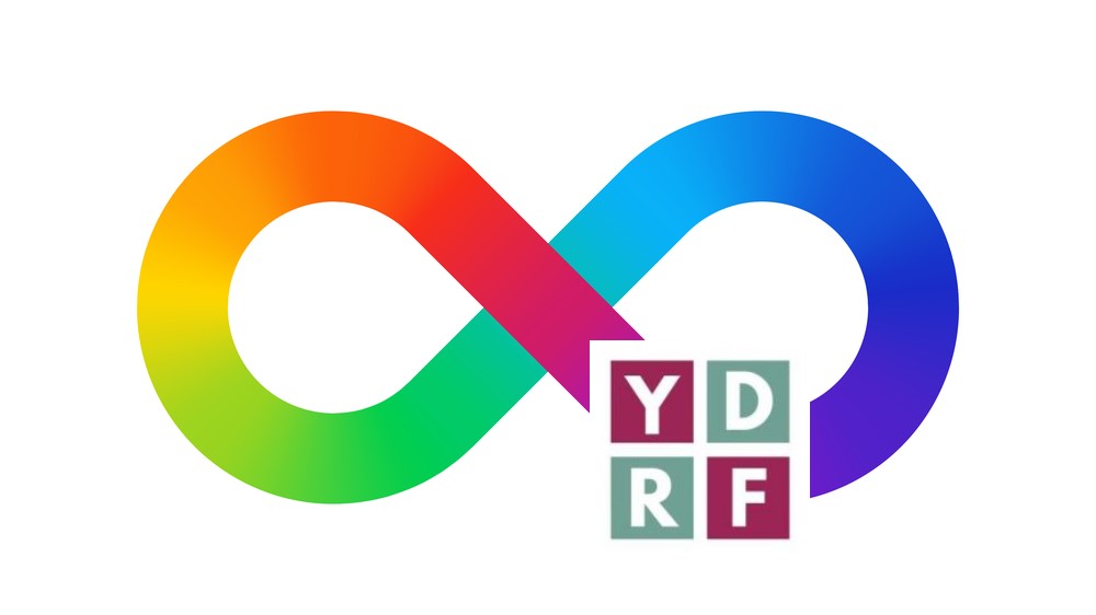 YDRF logo with ND infinity rainbow symbol behind