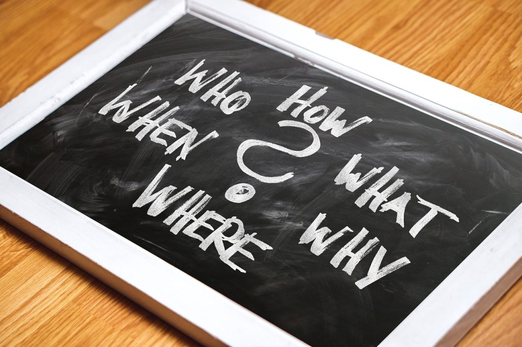 questions on a chalk board: who, how, what, why, where, when